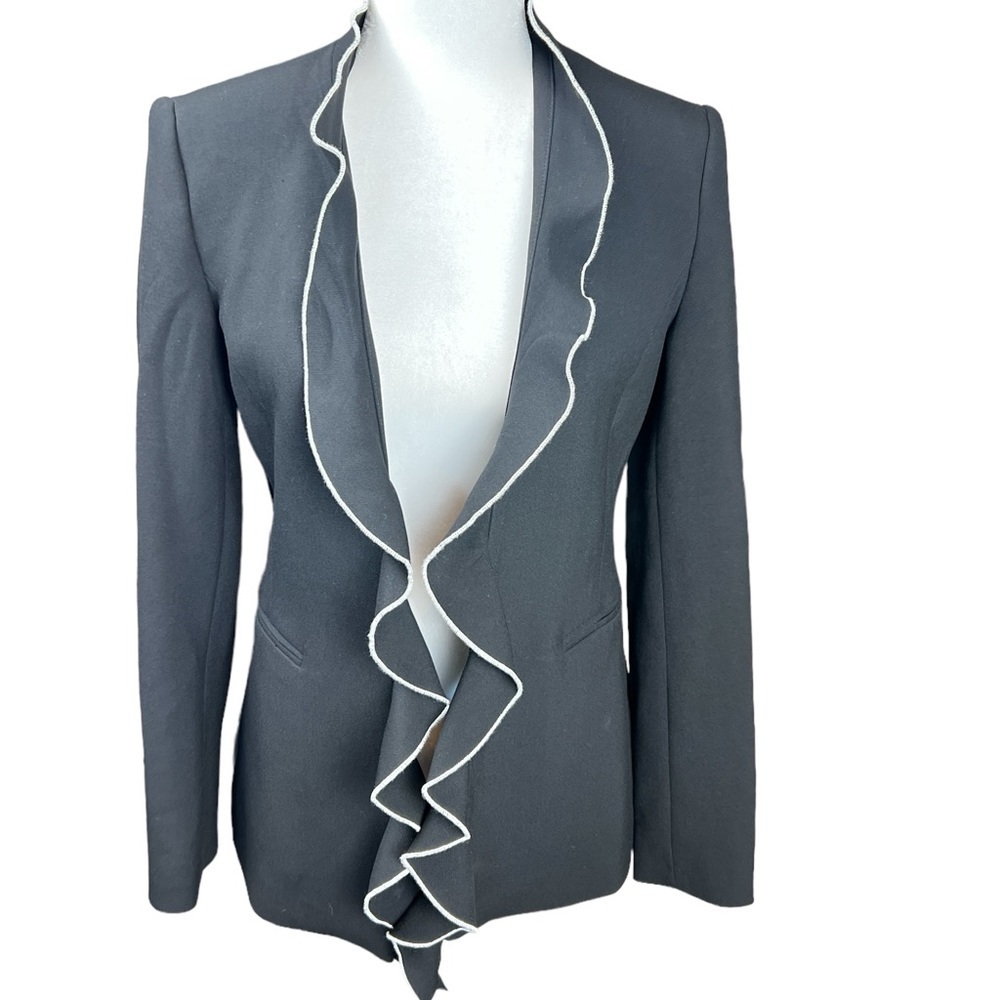 Zara Open Front Waterfall Ruffle Piping Trim Buisness Classy Elegant Blazer